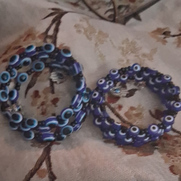 2 Blue and Black Evil Eye Beaded Bracelets - Picture 1 of 16